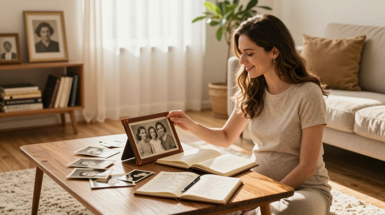Mulher grávida sentada à mesa a olhar fotografias antigas em moldura, numa sala iluminada e acolhedora.
