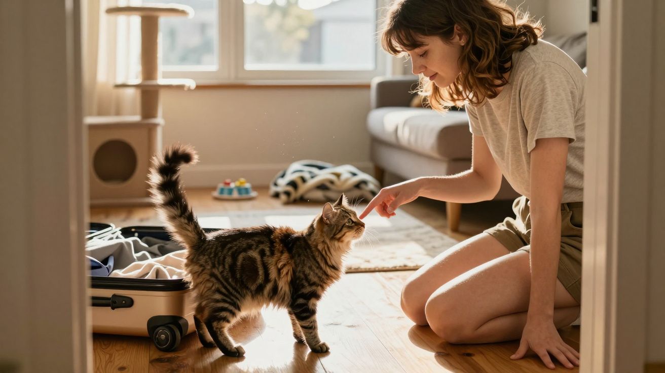 Mulher ajoelhada a acariciar um gato tigrado numa sala iluminada com mobiliário moderno.