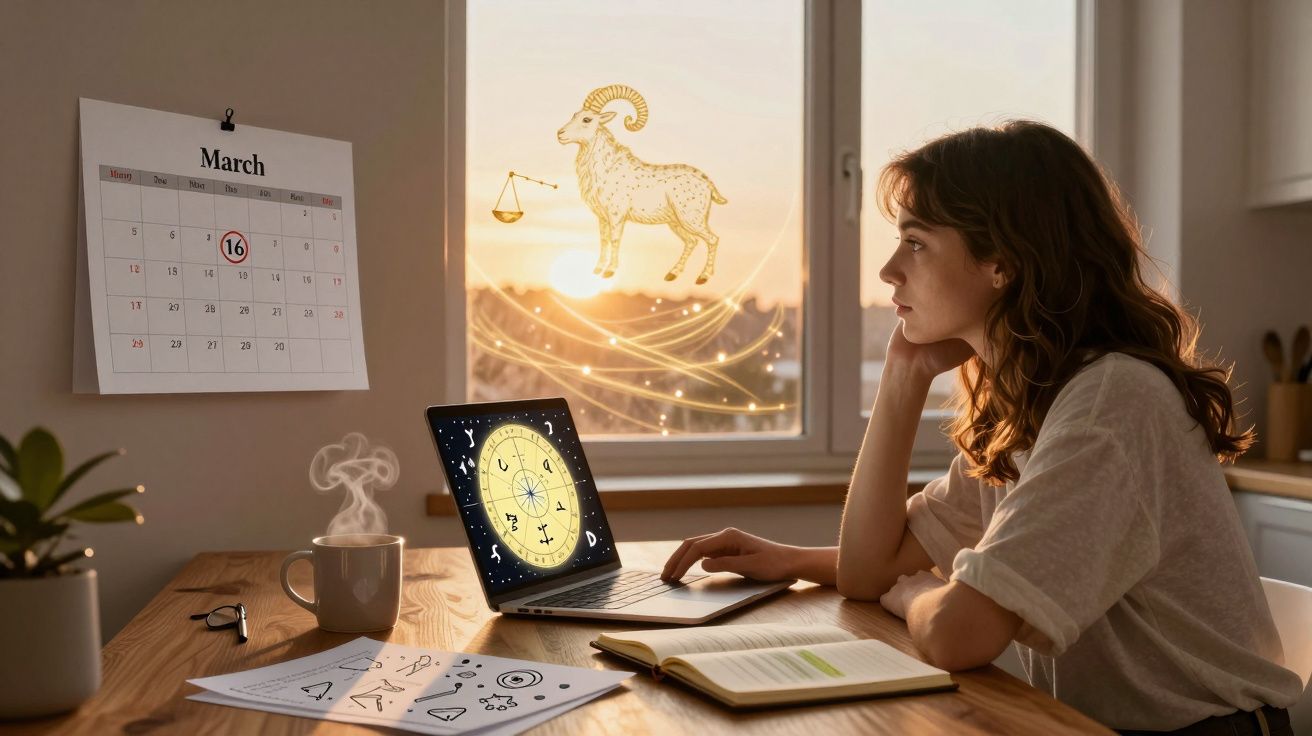 Mulher a olhar pela janela com símbolos astrológicos, laptop, calendário e livros numa mesa de madeira.