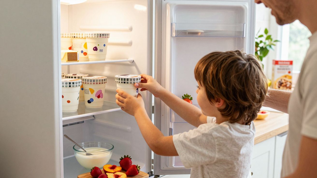 Criança a tirar iogurte do frigorífico com frutas frescas e adulto ao lado numa cozinha luminosa.