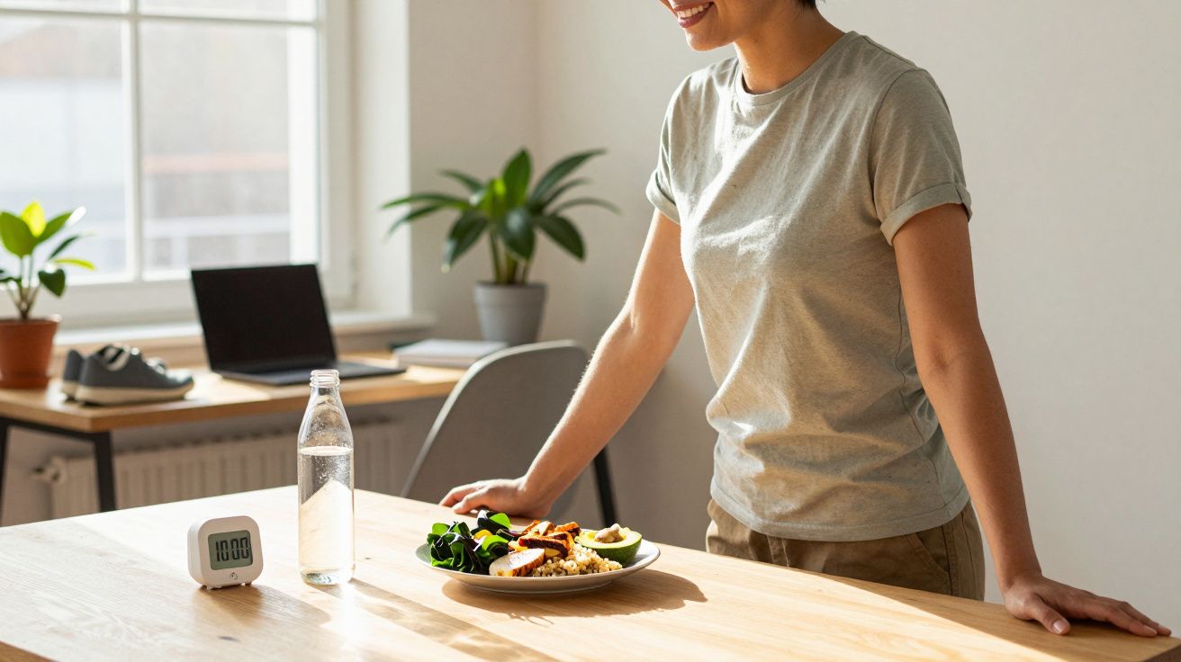 Pessoa sorridente preparando-se para almoçar no escritório com prato de comida saudável, garrafa de água e relógio digital.