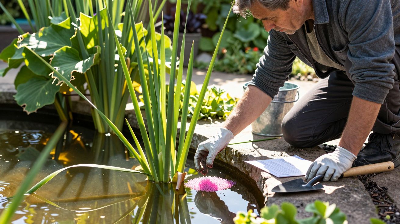 Homem de luvas a analisar a qualidade da água num lago de jardim com plantas aquáticas e equipamento de medição.