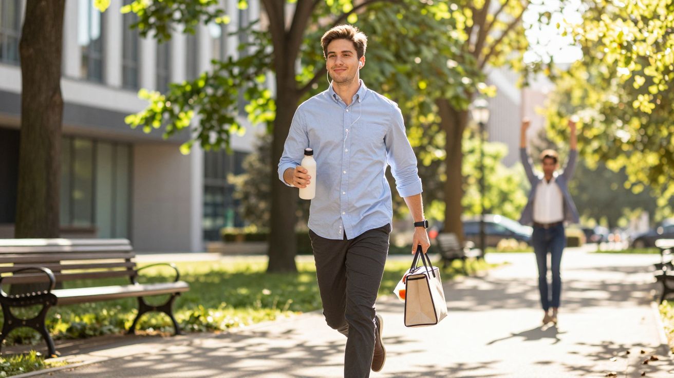 Homem jovem a caminhar numa rua arborizada com garrafa e saco nas mãos, pessoa ao fundo com braços levantados.
