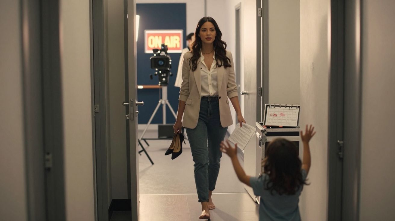 Mulher descalça com sapatos na mão e criança com os braços abertos num corredor de estúdio de gravação.