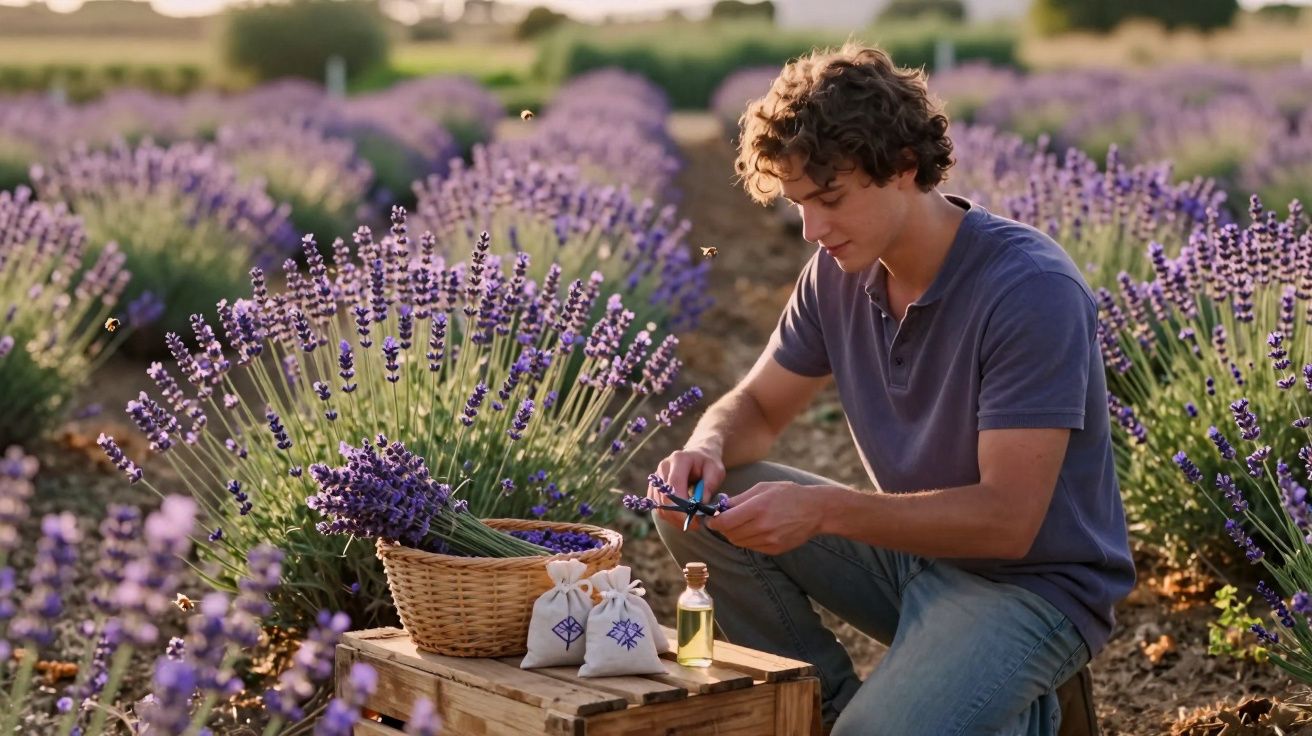 Jovem colhe lavanda num campo com cesta e produtos naturais sobre caixa de madeira.
