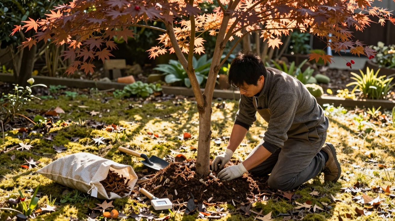 Homem a jardinar ao pé de uma árvore com folhas vermelhas durante o outono, rodeado de ferramentas e folhas secas.