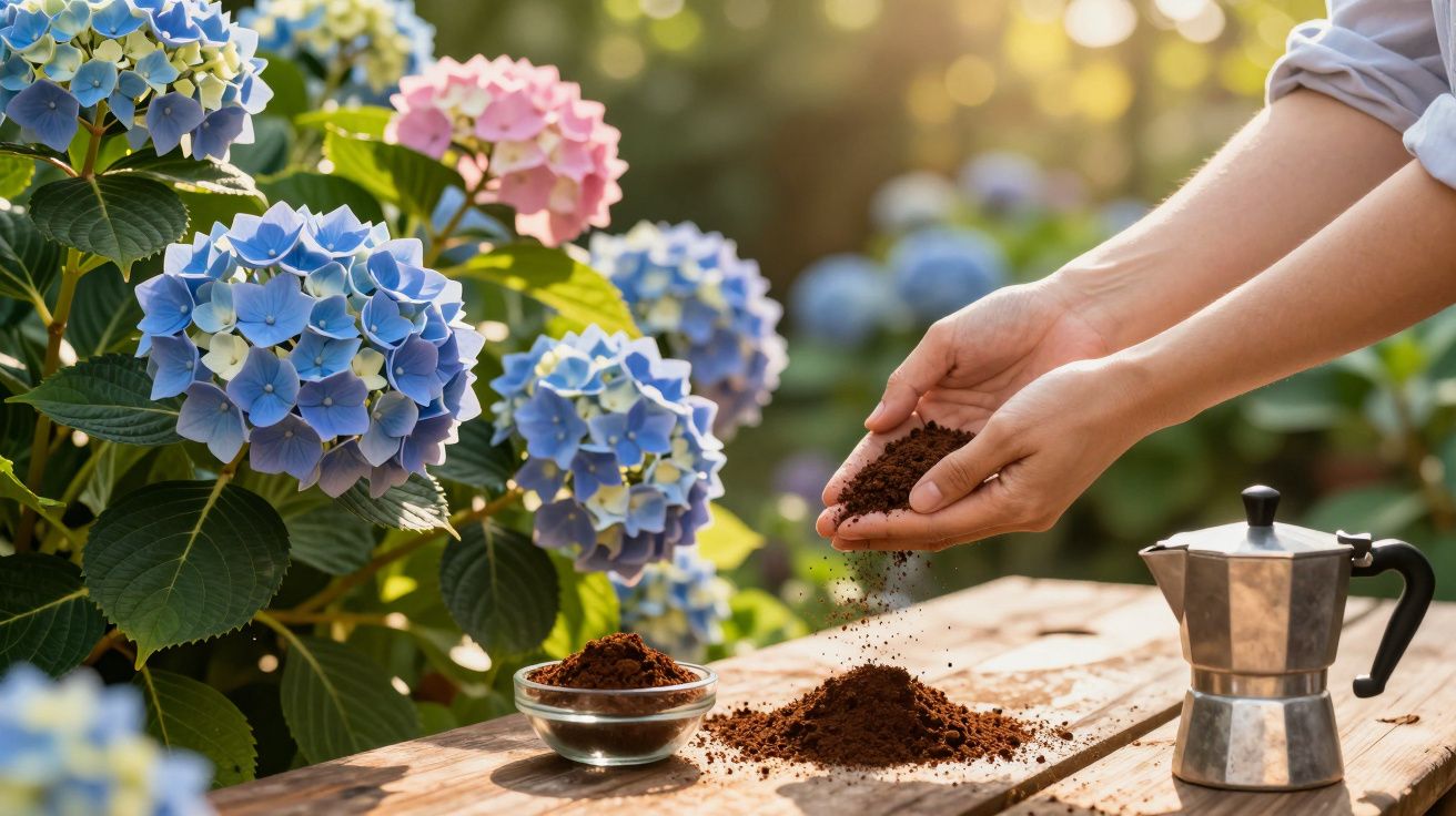 Mãos espalham café moído numa mesa de madeira, com flores coloridas e cafeteira ao lado ao ar livre.