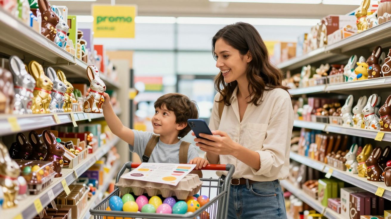 Mãe e filho escolhem chocolates de Páscoa numa prateleira de supermercado, carrinho com ovos coloridos.