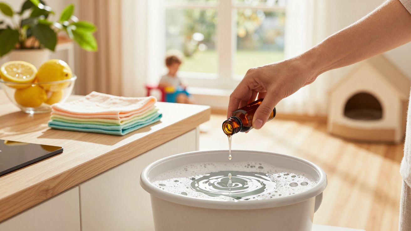 Pessoa a colocar gotas de óleo essencial num balde de água com espuma numa sala iluminada.