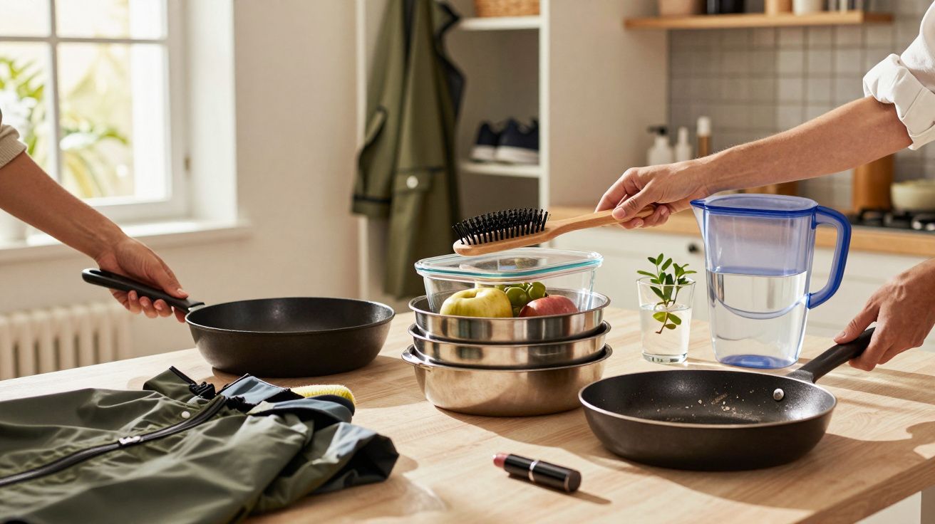 Duas pessoas seguram frigideiras em cozinha com tigelas metálicas, jarra de água e roupa sobre mesa.