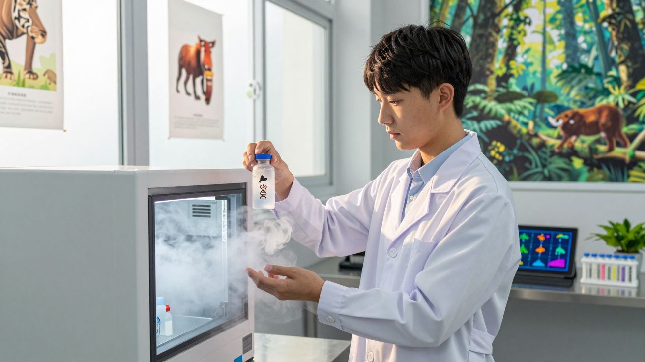 Cientista jovem a manusear amostra com líquido num laboratório com presença de névoa.