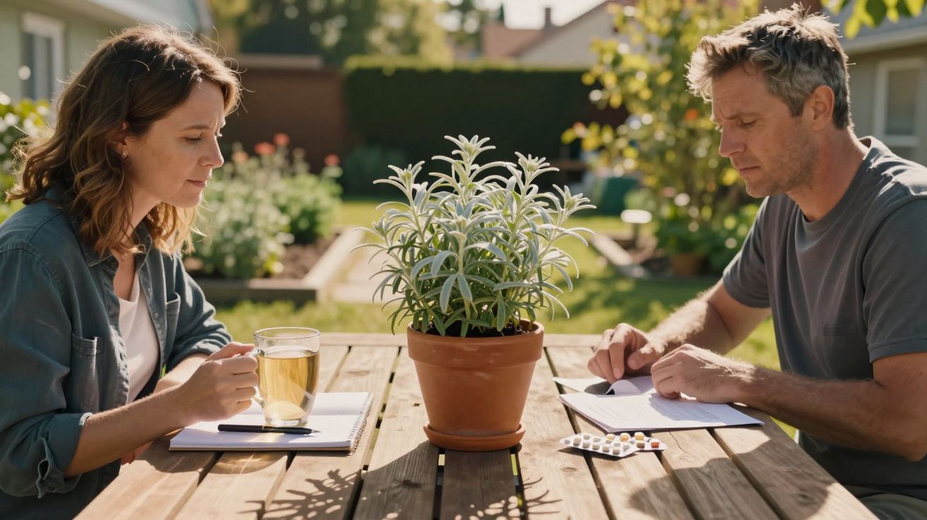 Homem e mulher sentados à mesa de madeira no jardim, a ler e a beber chá ao lado de plantas.
