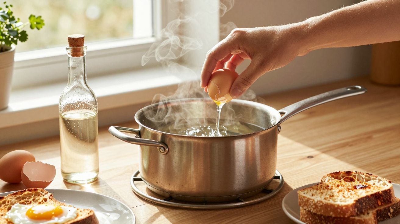 Mão a partir ovo numa panela de água a ferver para ovo escalfado numa cozinha iluminada.