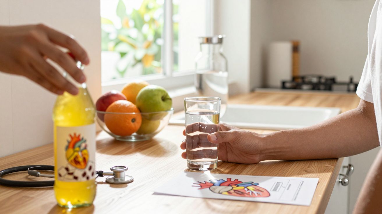 Pessoa com copo de água na mão numa cozinha, com estetoscópio e imagem de coração numa mesa.