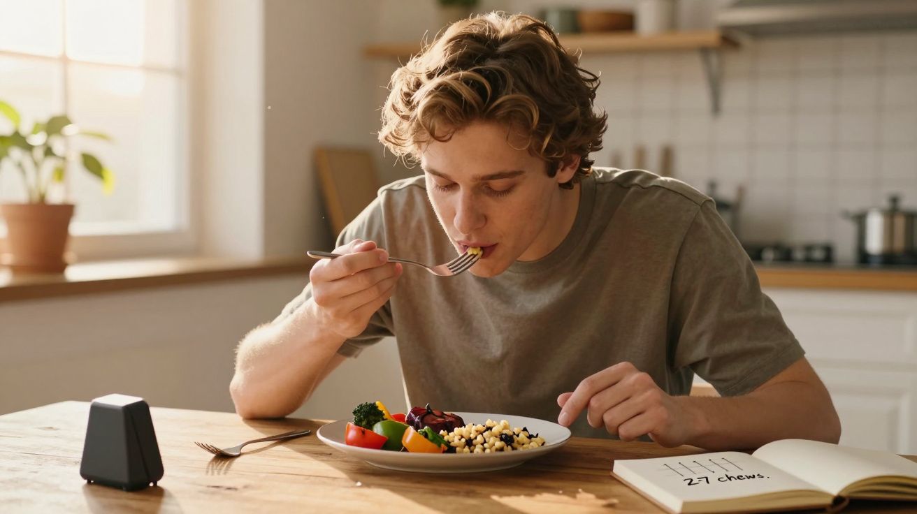 Jovem a comer uma salada saudável com legumes e grãos numa cozinha iluminada.