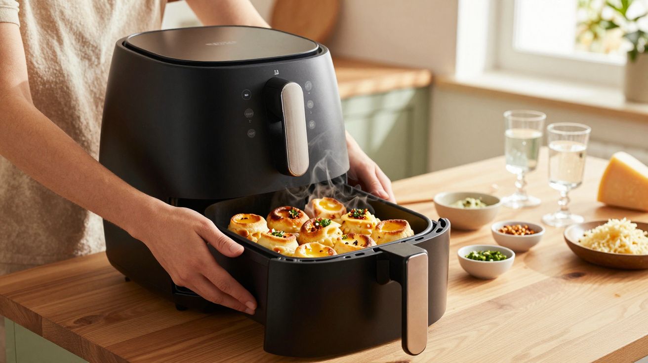 Pessoa a retirar pastel de forno elétrico de ar quente numa cozinha com ingredientes ao fundo.