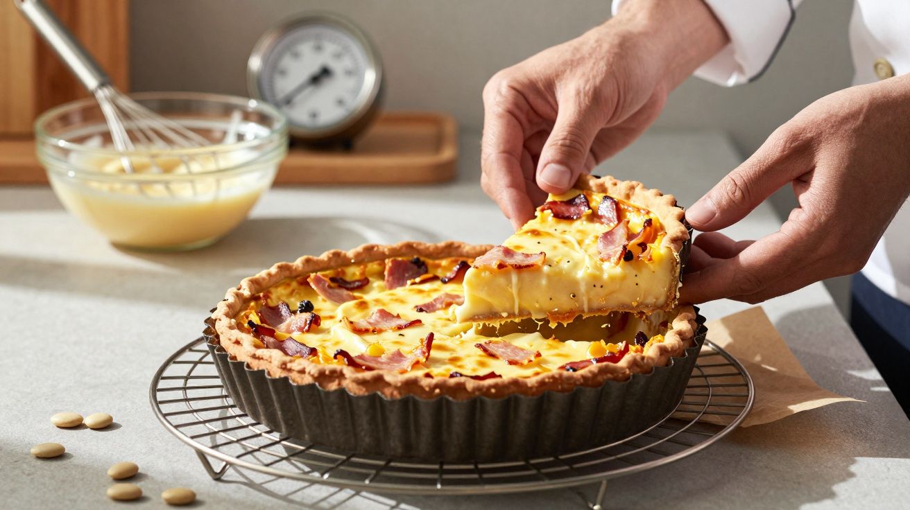 Pessoa a retirar uma fatia de quiche com bacon numa forma de tarteira na bancada da cozinha.