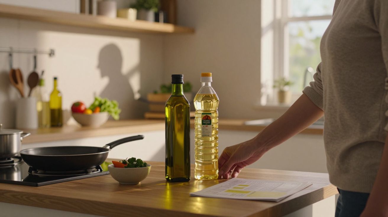 Pessoa na cozinha com garrafas de azeite e óleo sobre balcão e frigideira no fogão.