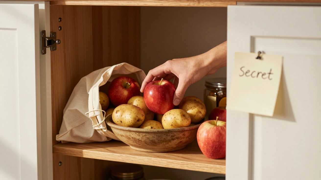 Mão a pegar maçã numa prateleira com batatas e maçãs dentro de um armário de cozinha.