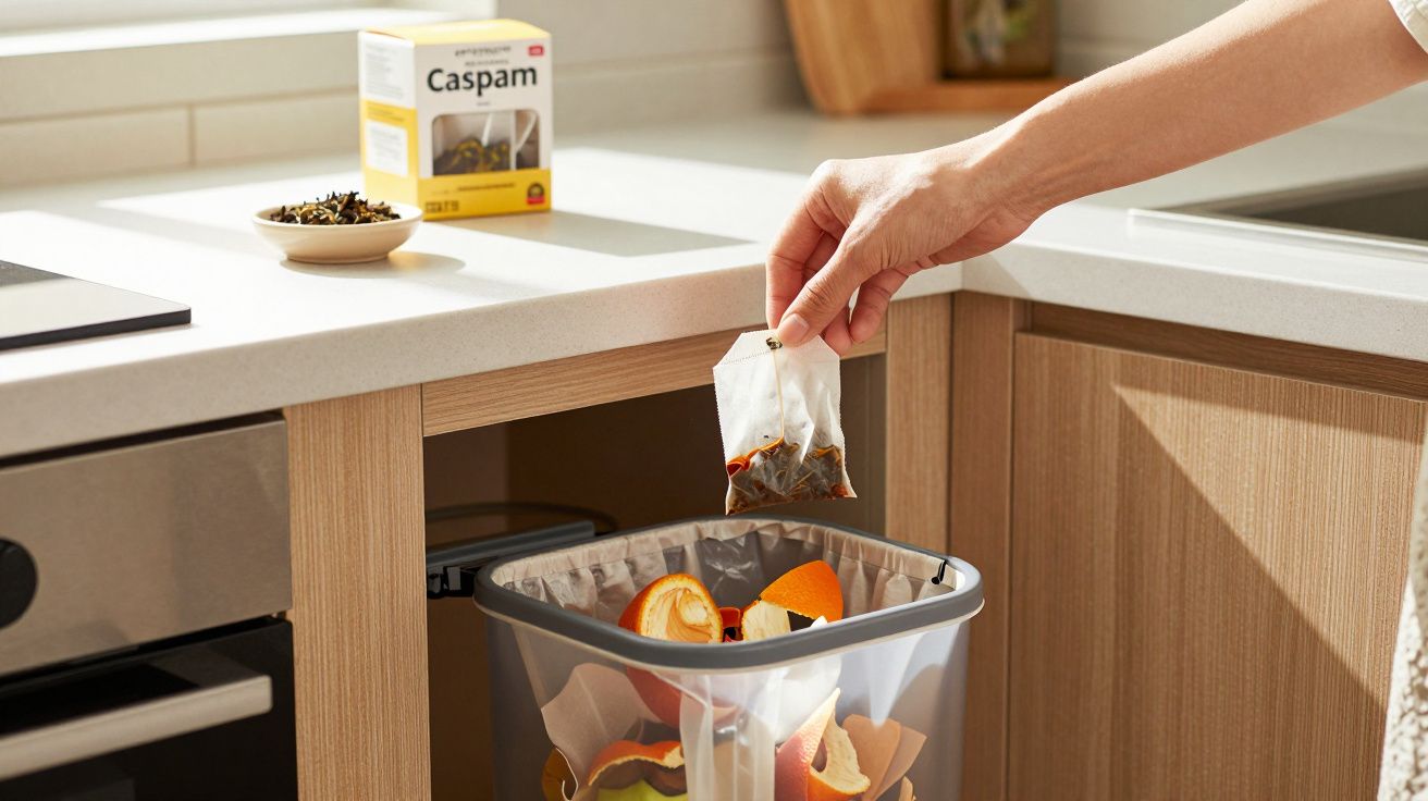 Pessoa a deitar saco de chá usado no caixote do lixo de cozinha com restos de cascas de fruta.