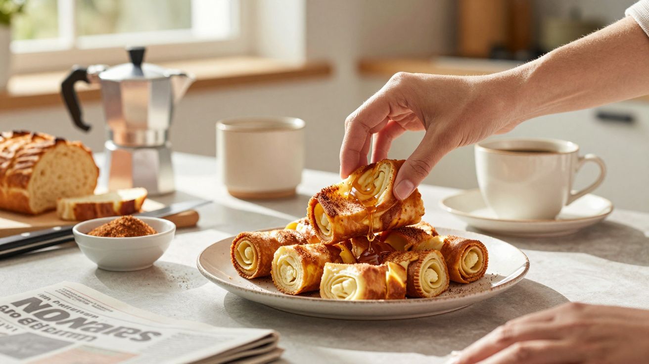 Mão a apanhar torta de queijo numa mesa com xícara de café, pão, açúcar e jornal.