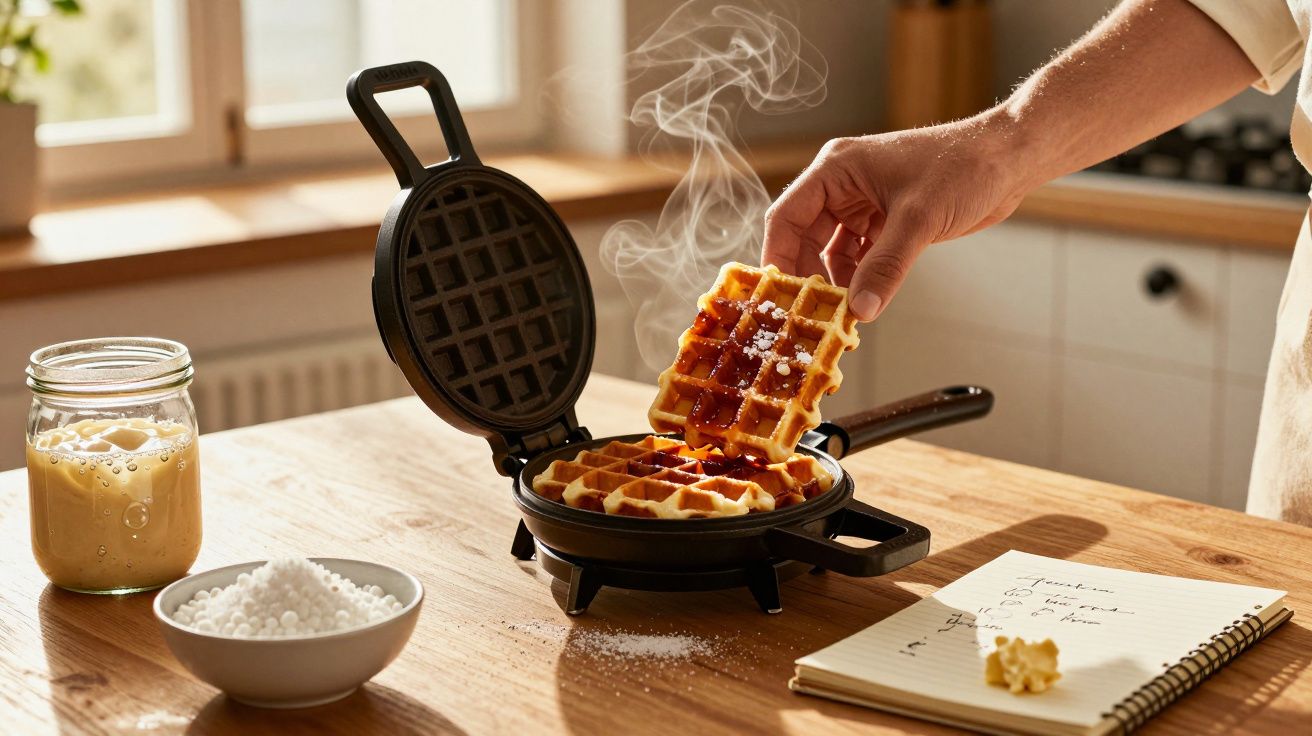 Batedeira de waffles aberta com waffles quentes a sair, mão a segurar um waffle e ingredientes numa mesa de madeira.