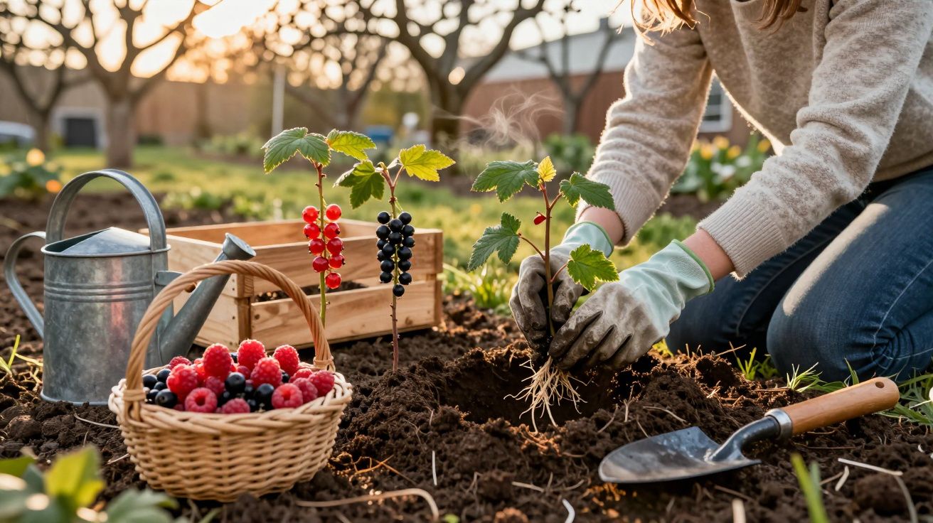 Pessoa a plantar rebentos de videira numa horta, com cesta de frutos vermelhos e regador próximo.
