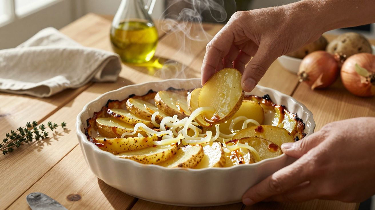 Mãos a preparar batatas gratinadas com queijo e cebola num tabuleiro branco sobre mesa de madeira.