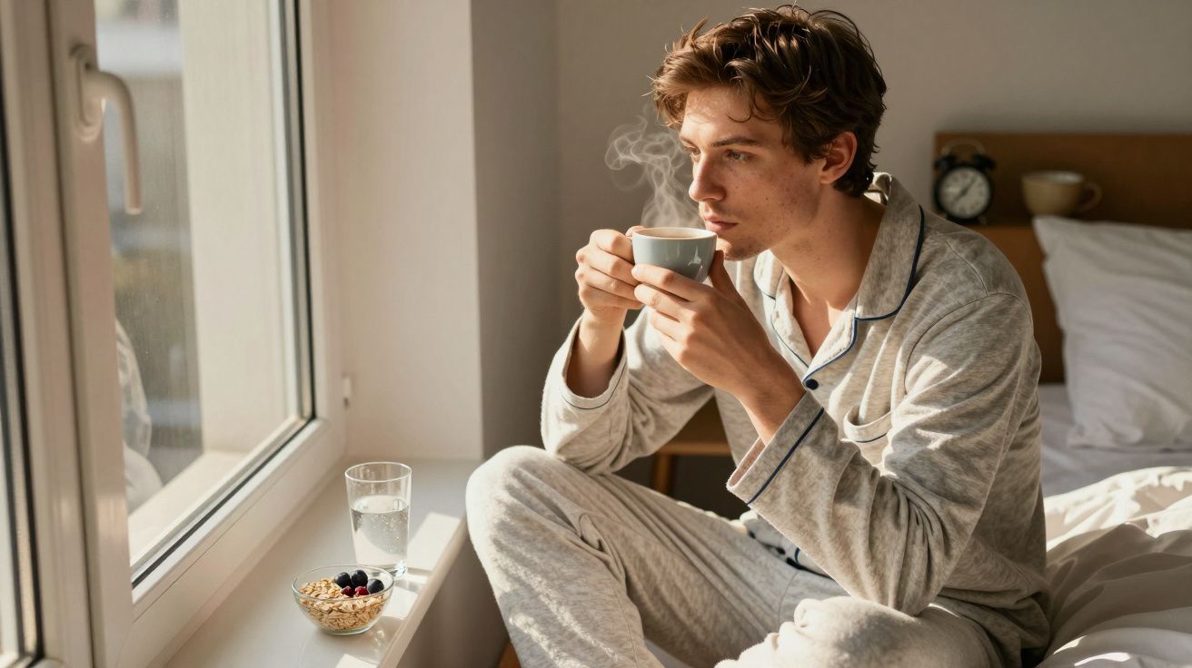 Jovem de pijama sentado na cama a beber café quente e olhando pela janela numa manhã calma.