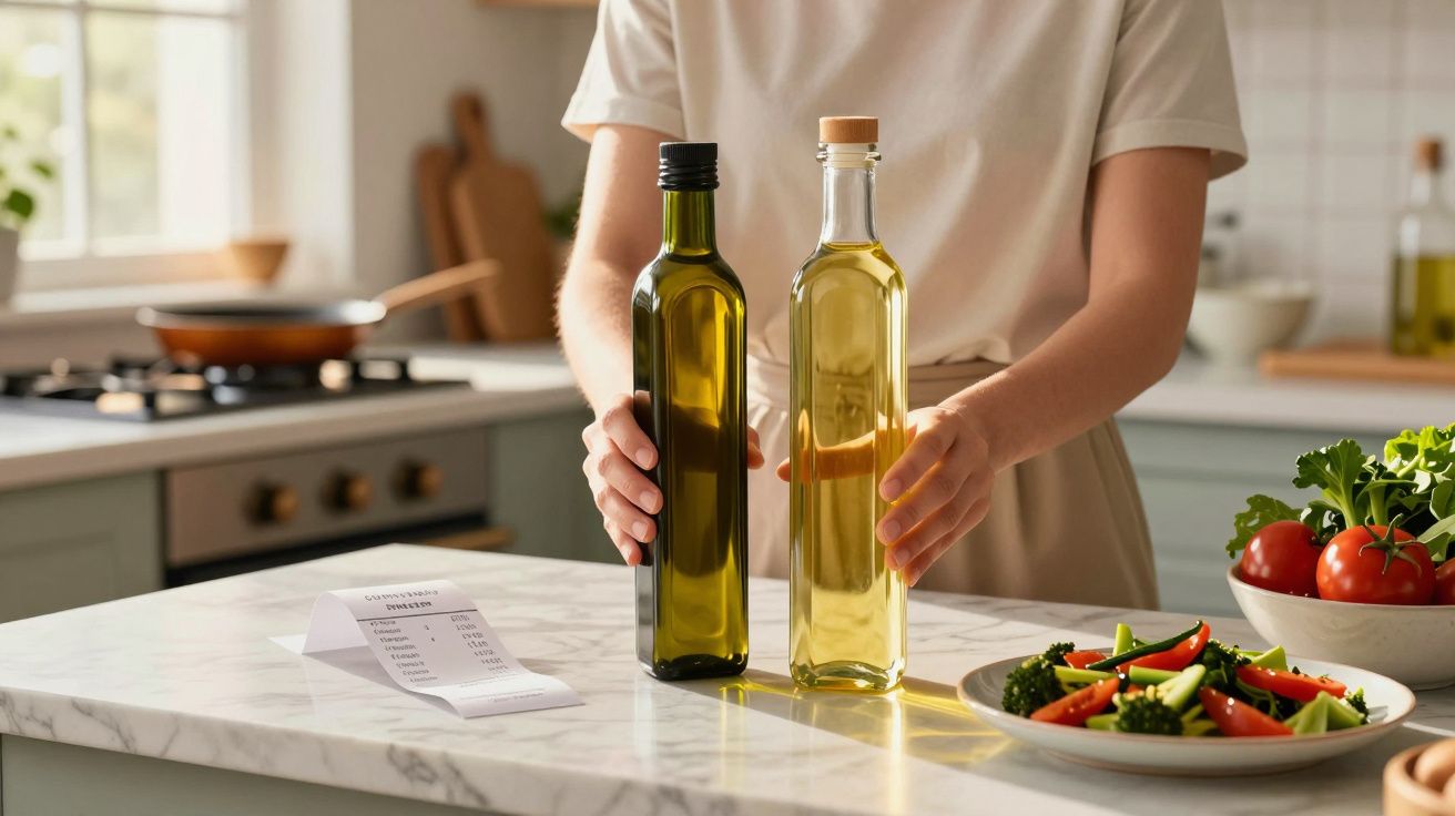 Pessoa numa cozinha a segurar duas garrafas de azeite sobre bancada com salada e legumes.