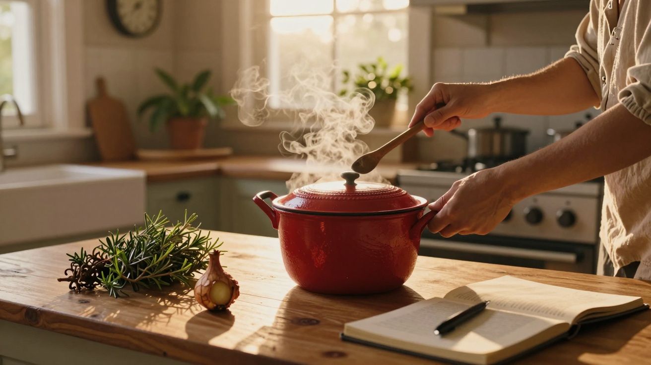 Pessoa a levantar tampa de panela vermelha a fumegar numa cozinha com ervas e caderno na mesa.