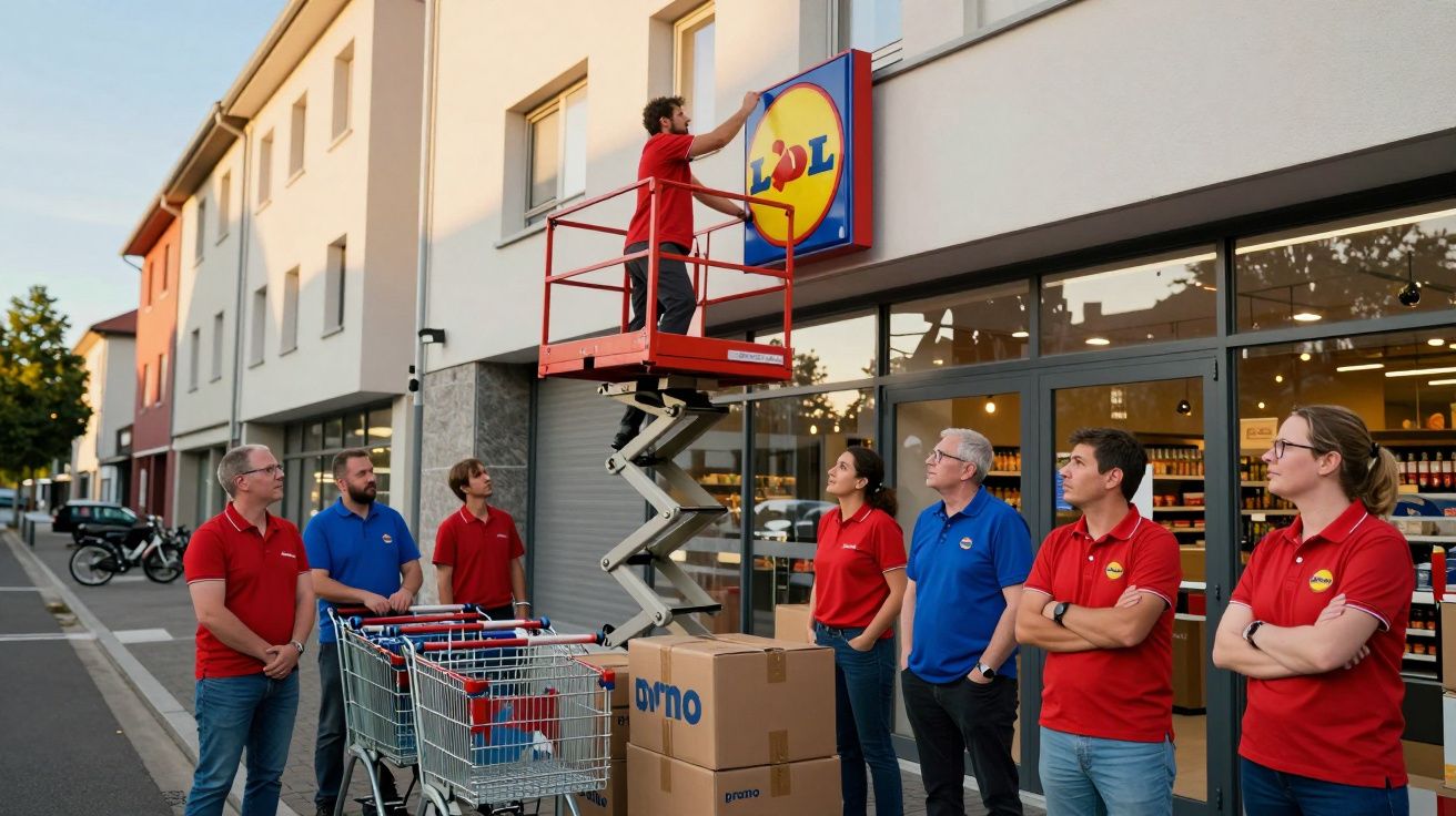 Funcionário a instalar placa da Lidl enquanto colegas observam em frente ao supermercado numa rua urbana.