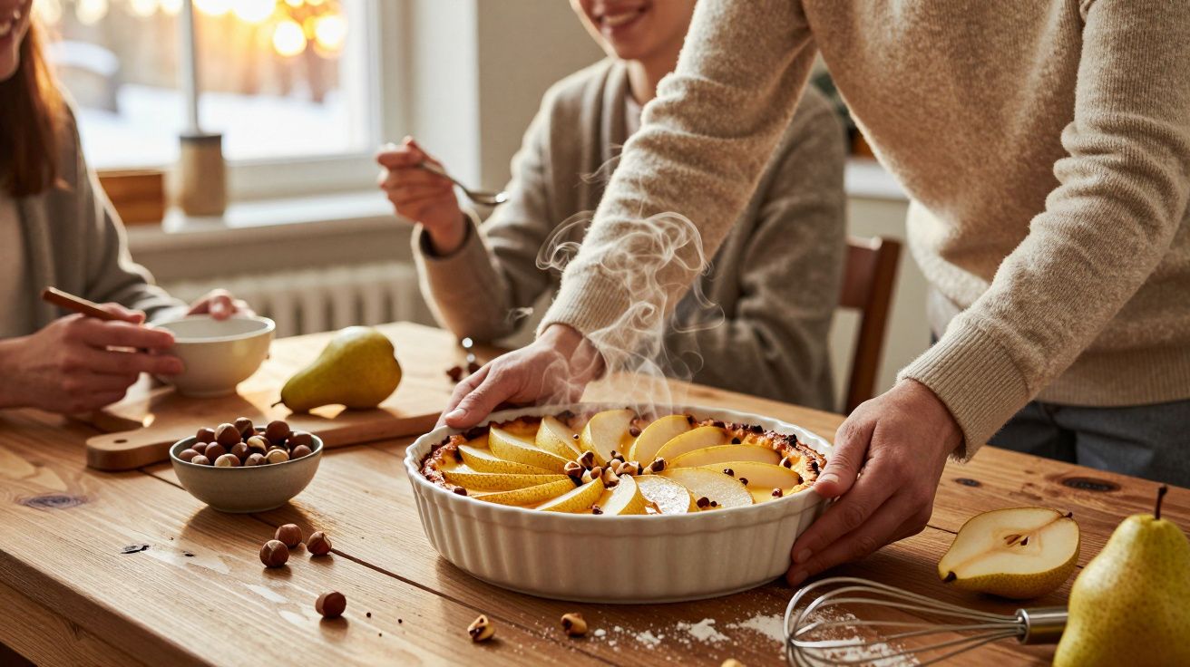 Pessoa a servir tarte quente de pera numa mesa de madeira com outras pessoas a comer à volta.