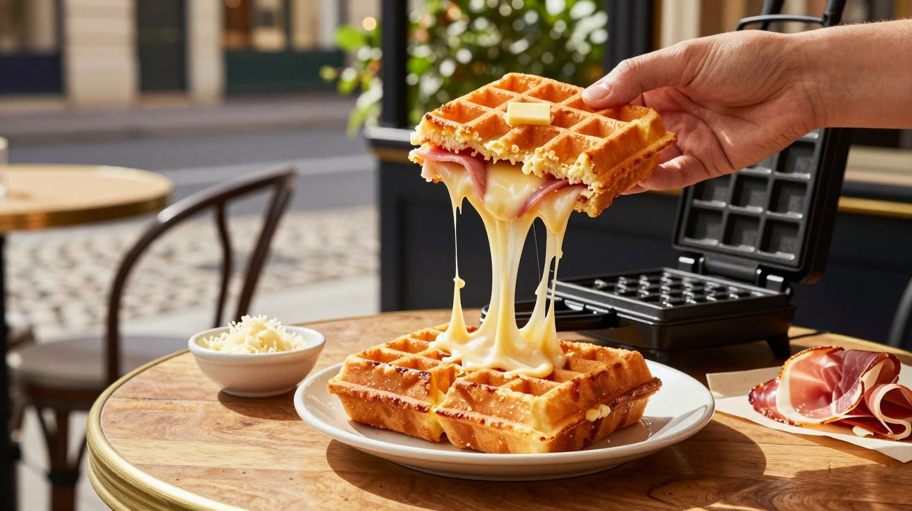 Mão a levantar waffle com queijo e fiambre derretido, servido numa mesa de madeira com waffle e fiambre ao lado.