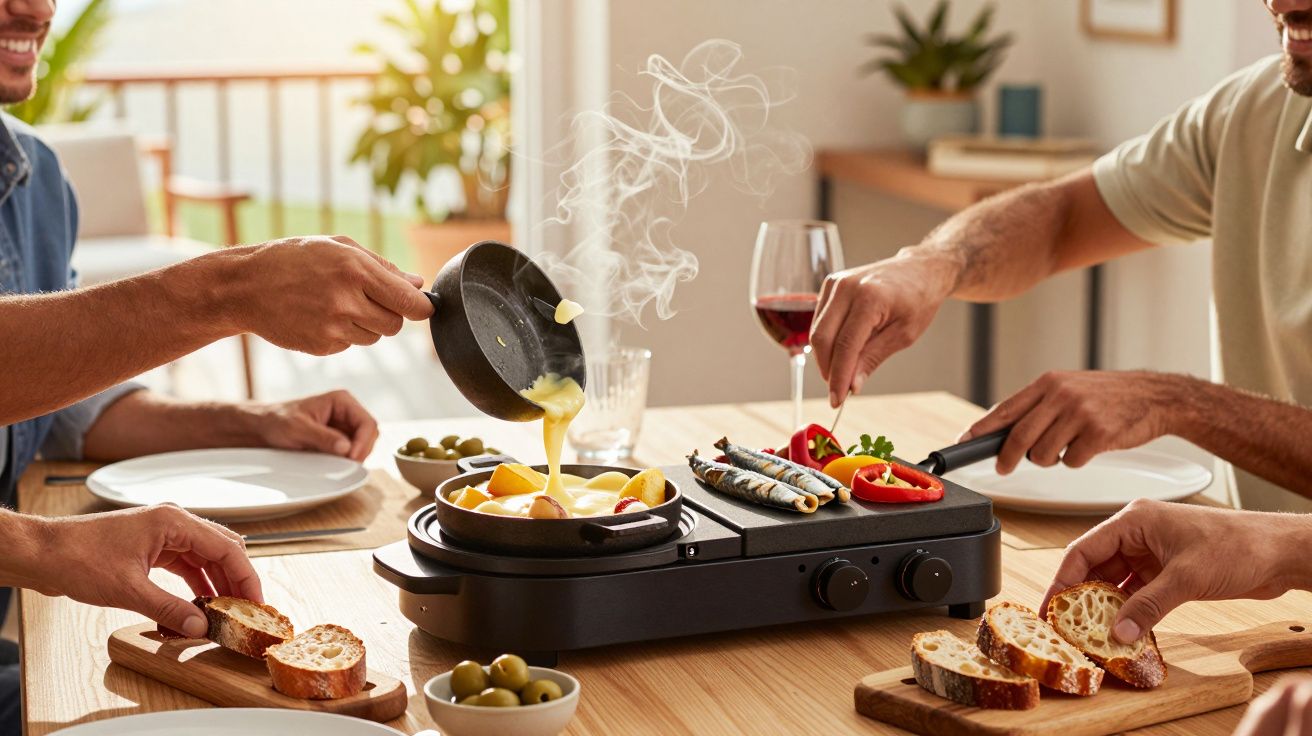 Pessoa a preparar fondue num aparelho elétrico acompanhado de pão, azeitonas e vinho num ambiente acolhedor.