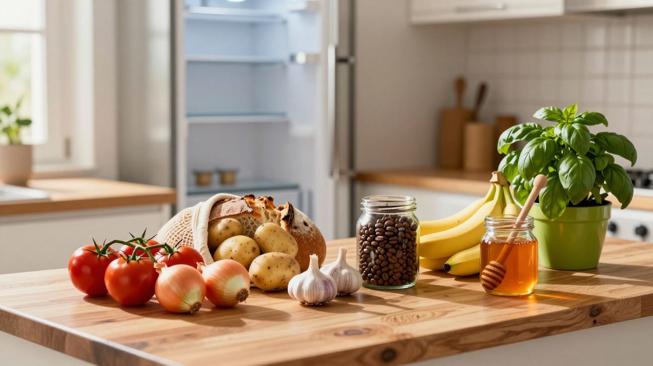Mesa com tomates, cebolas, batatas, pão, alho, café, bananas, mel e manjericão numa cozinha iluminada.