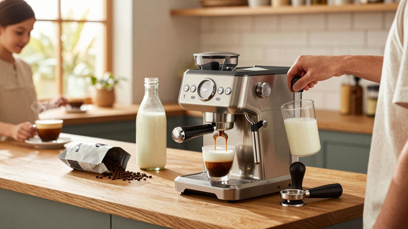 Máquina de café a preparar café expresso com leite, pacotes de café e garrafa de leite numa cozinha moderna.