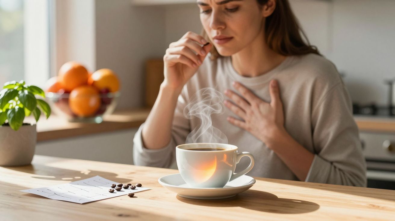 Mulher preocupada segurando o peito, olhando para uma chávena de café quente numa mesa de cozinha.