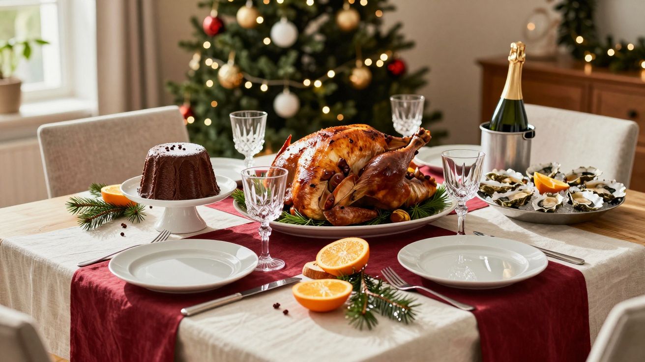 Mesa de Natal com peru assado, champanhe, sobremesa, ostras e decoração festiva junto à árvore de Natal iluminada.
