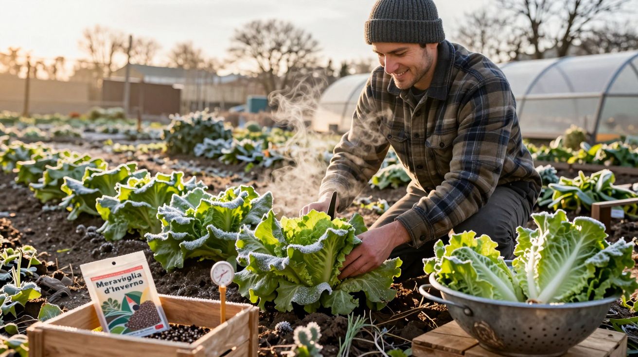 Homem a colher alface numa horta com geada matinal, sorrindo e vestido com roupa quente e gorro.