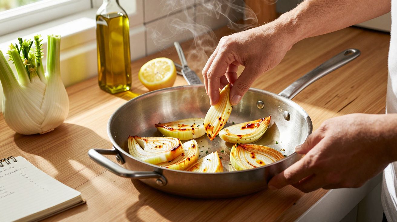 Mãos a cozinhar cebolas cortadas numa frigideira com azeite junto a uma janela iluminada.