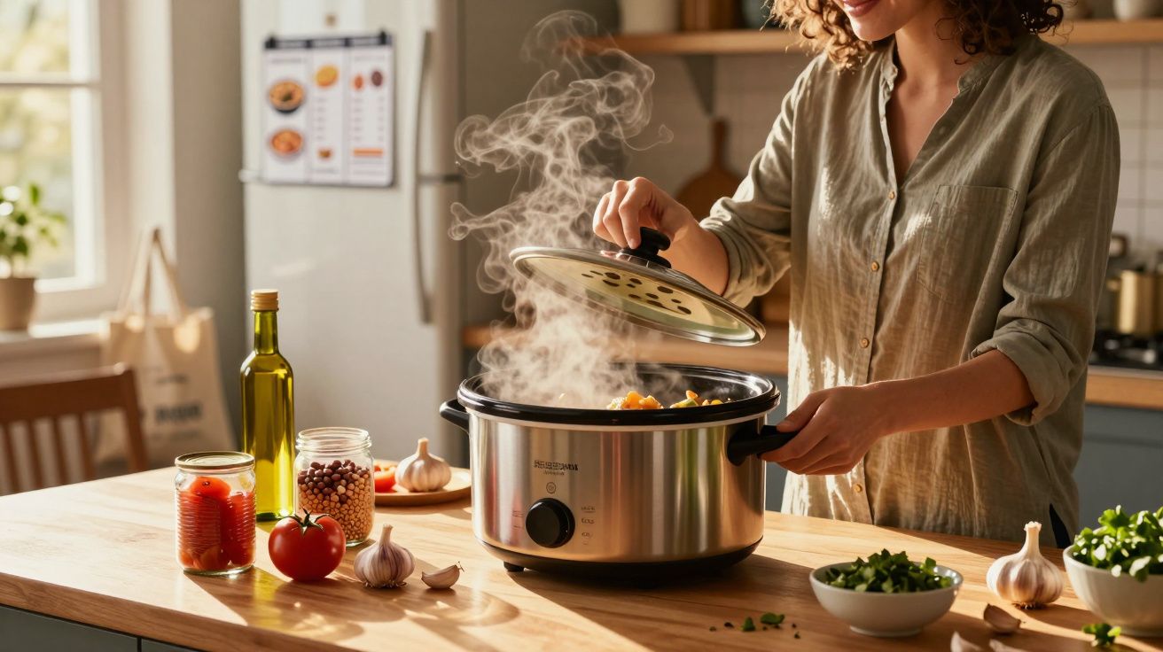 Pessoa a levantar a tampa de uma panela elétrica com vapor a sair, rodeada de ingredientes frescos na cozinha.