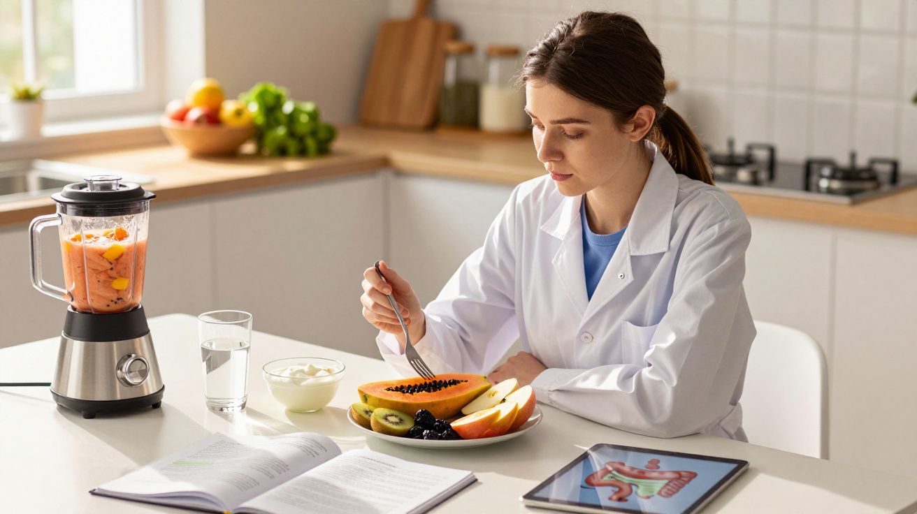 Mulher de bata branca comendo fruta numa cozinha, com liquidificador, copo de água e dispositivo digital à frente.