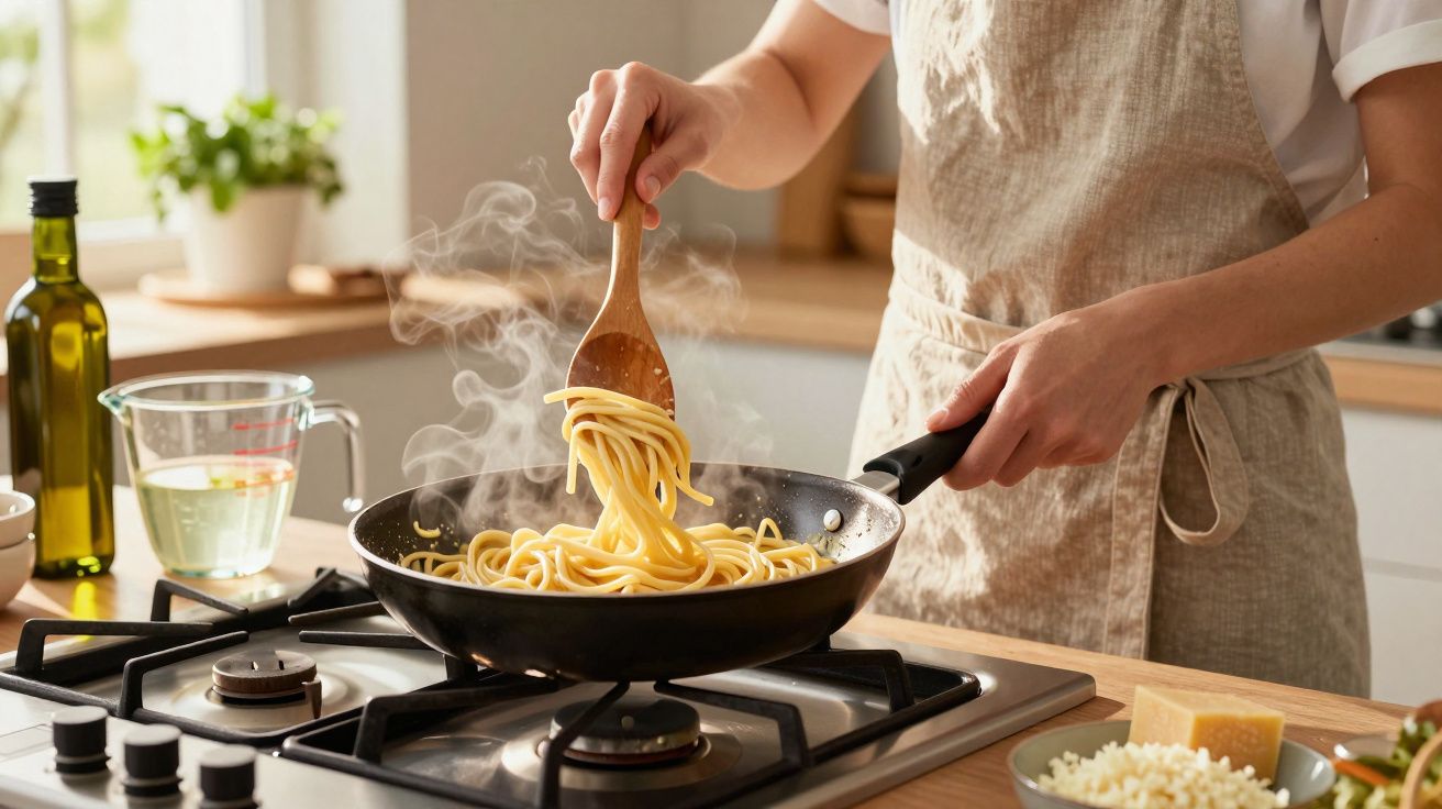 Pessoa a cozinhar esparguete numa frigideira ao fogão numa cozinha iluminada e equipada.