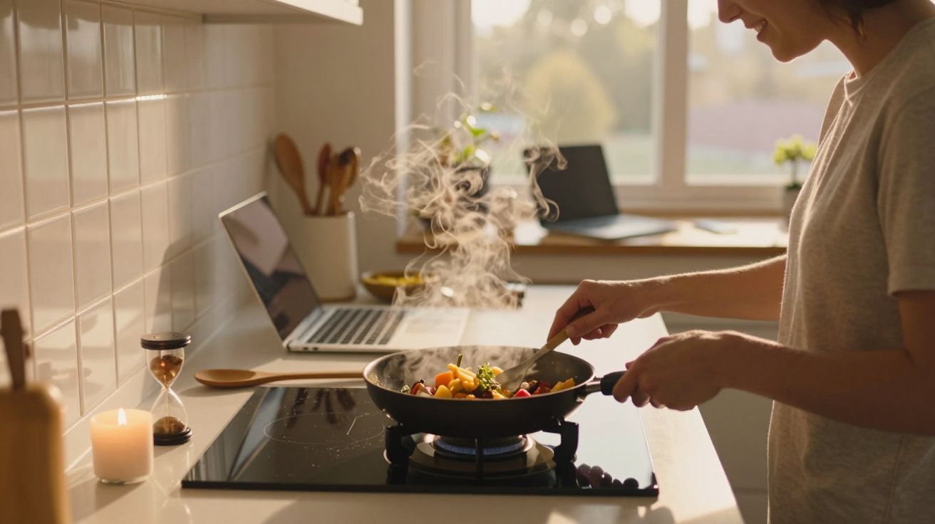 Pessoa a cozinhar vegetais numa frigideira num fogão moderno numa cozinha iluminada pela luz natural.