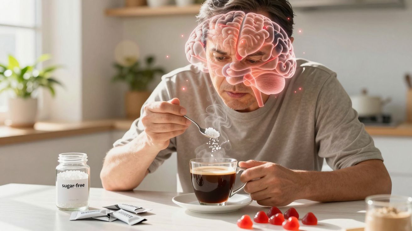 Homem a adicionar adoçante ao café com ilustração digital de cérebro sobreposta.