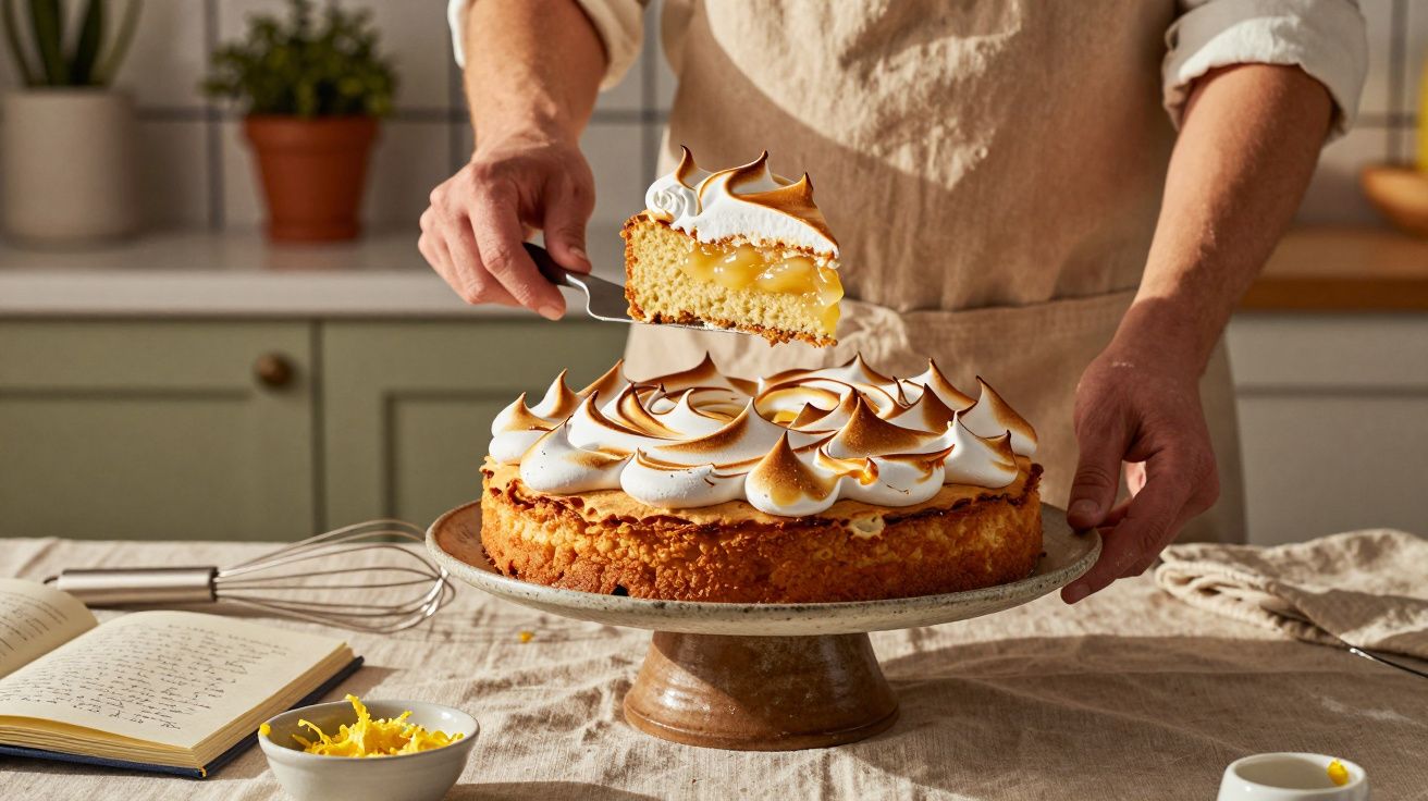 Pessoa servindo fatia de tarte de limão com merengue queimado em prato sobre mesa com livro e utensílios.