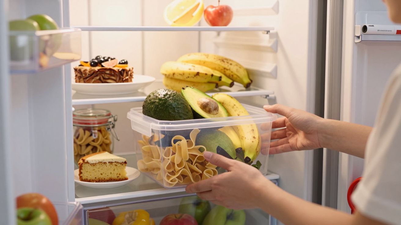 Interior de frigorífico com frutas, massa, bolos e mãos a guardar um recipiente plástico.