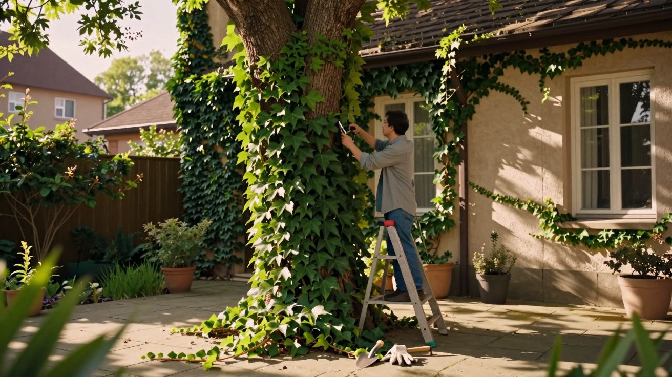 Homem em escada poda videira de árvore grande num pátio ensolarado com vasos e jardim.