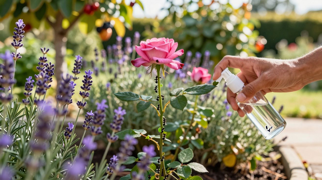 Pessoa a pulverizar uma planta com flor rosa num jardim ensolarado com flores roxas ao redor.